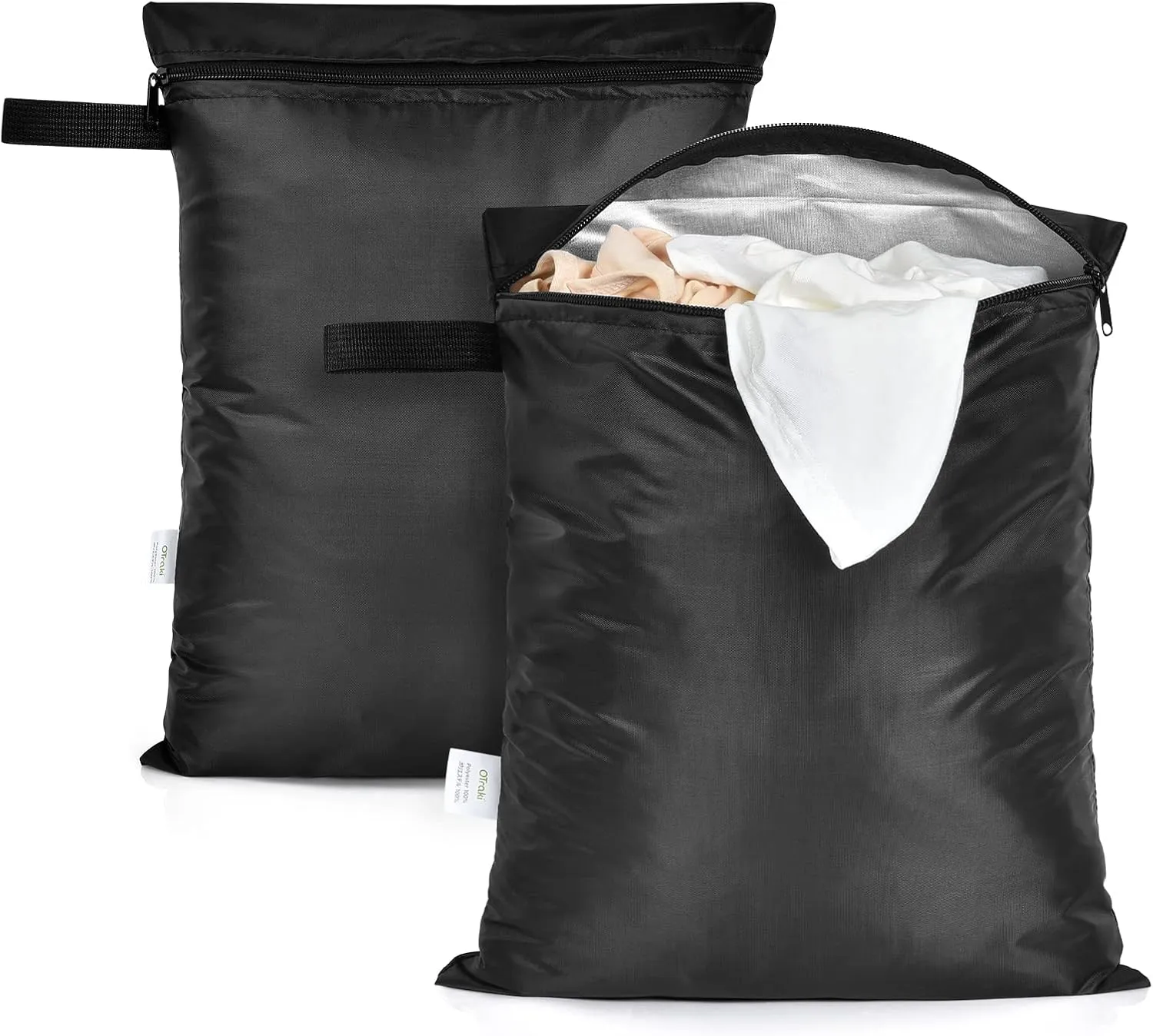 2 Pack Swimsuit & Towel Wet Dry Sack - 12 x 16 inch Waterproof Clothes Bag with Handle & Zippered Oxford Cloth - Black