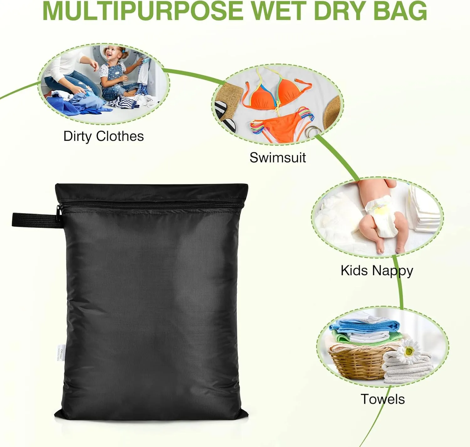 2 Pack Swimsuit & Towel Wet Dry Sack - 12 x 16 inch Waterproof Clothes Bag with Handle & Zippered Oxford Cloth - Black