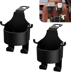 2 PCS Car Seat Headrest Storage Hook, 3-in-1 Multi-function One-handed Handling Cup Holder Mobile Phone Holder, Hanging Organizer for Handbag Grocery Bag, Universal for Cars Trucks (Black)