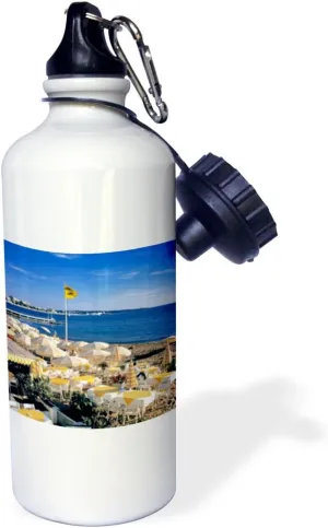 3dRose "France, Cannes, Beach on the Riviera, Umbrellas EU09 RER0009 Ric Ergenbright" Sports Water Bottle, 21 oz, White