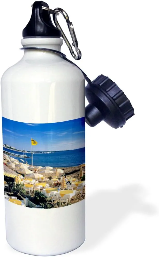 3dRose "France, Cannes, Beach on the Riviera, Umbrellas EU09 RER0009 Ric Ergenbright" Sports Water Bottle, 21 oz, White
