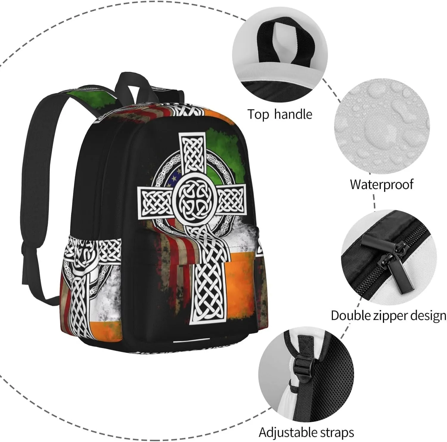 American Irish Cross St. Patrick'S Day Flag Laptop Commuter Backpack Shoulder Bag Casual Back Pack Daypack Bags With Side Pockets For Work Travel Daily Use