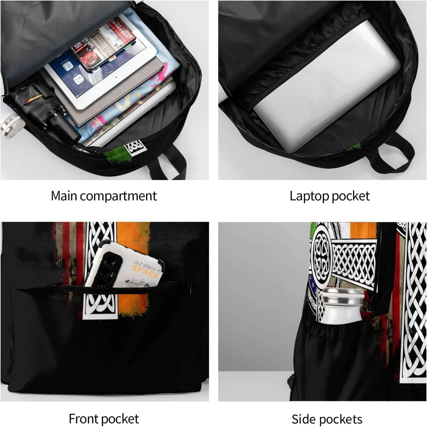 American Irish Cross St. Patrick'S Day Flag Laptop Commuter Backpack Shoulder Bag Casual Back Pack Daypack Bags With Side Pockets For Work Travel Daily Use