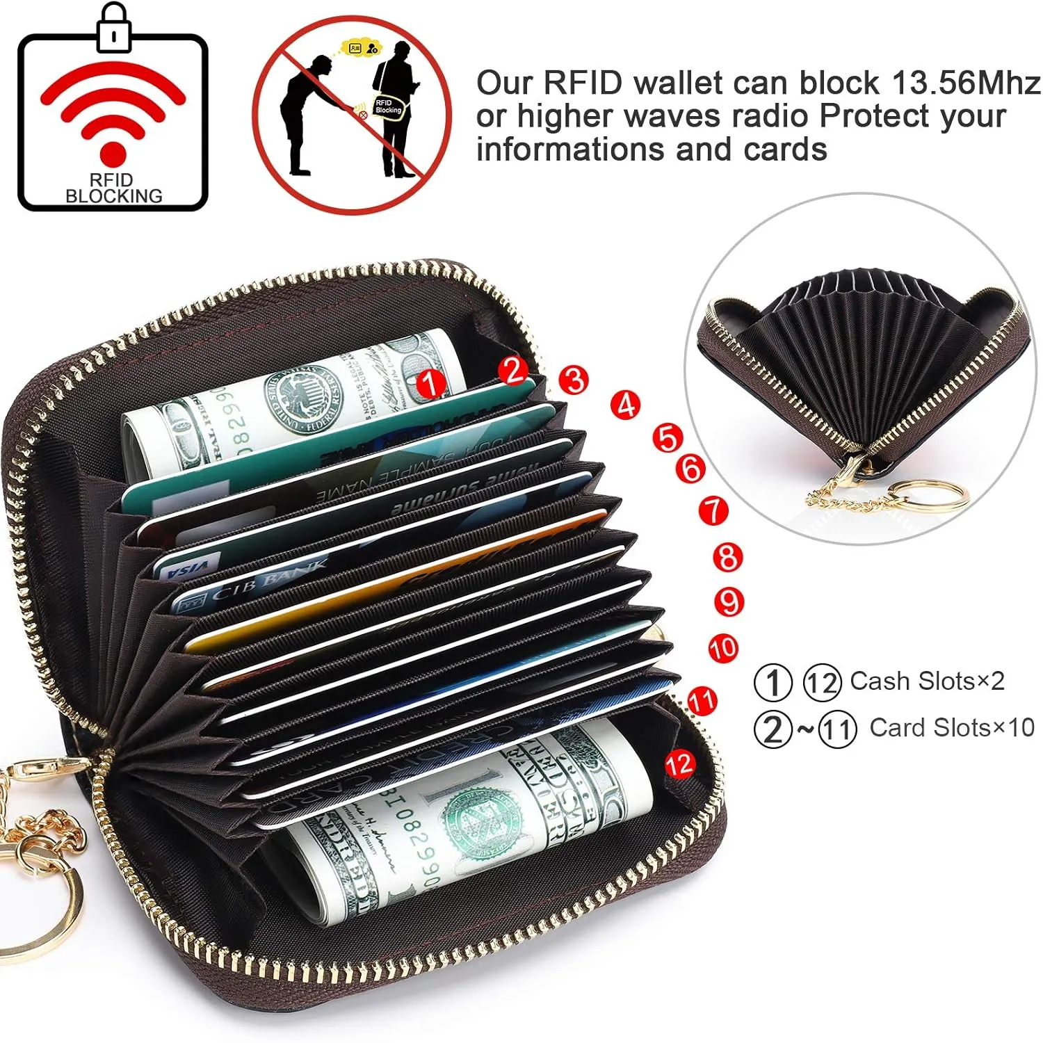 APHISON RFID Credit Card Holder Wallets for Women Leather Zipper Card Case for Ladies Keychain Wallet