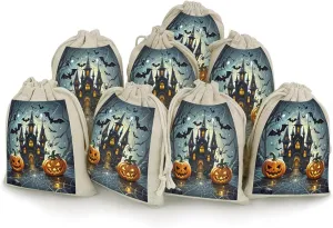 AQRJLPM Pumpkin Lantern Castle Drawstring Pouches Reusable Burlap Soft Sachet Bag Multipurpose Cotton Small Jewelry Pouch for Party Wedding Storage Home Supplies (8 Pcs)