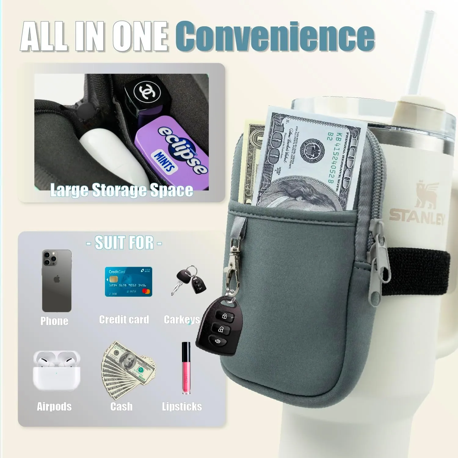Axolotl Water Bottle Pouch with Key Chain - Stanley Cup Accessories for 30 / 40oz with Handle - Stanley Tumbler