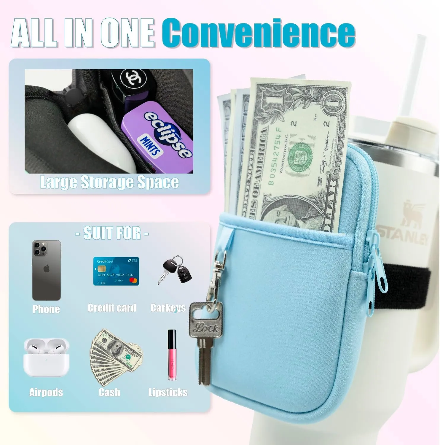 Axolotl Water Bottle Pouch with Key Chain - Stanley Cup Accessories for 30 / 40oz with Handle - Stanley Tumbler