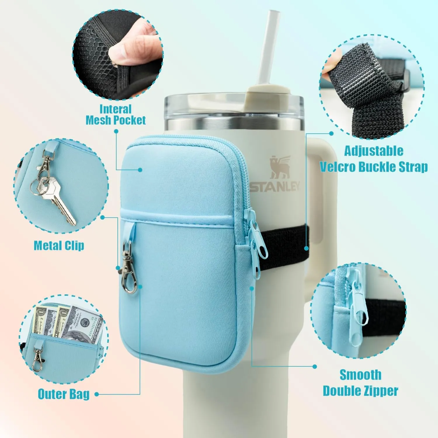 Axolotl Water Bottle Pouch with Key Chain - Stanley Cup Accessories for 30 / 40oz with Handle - Stanley Tumbler