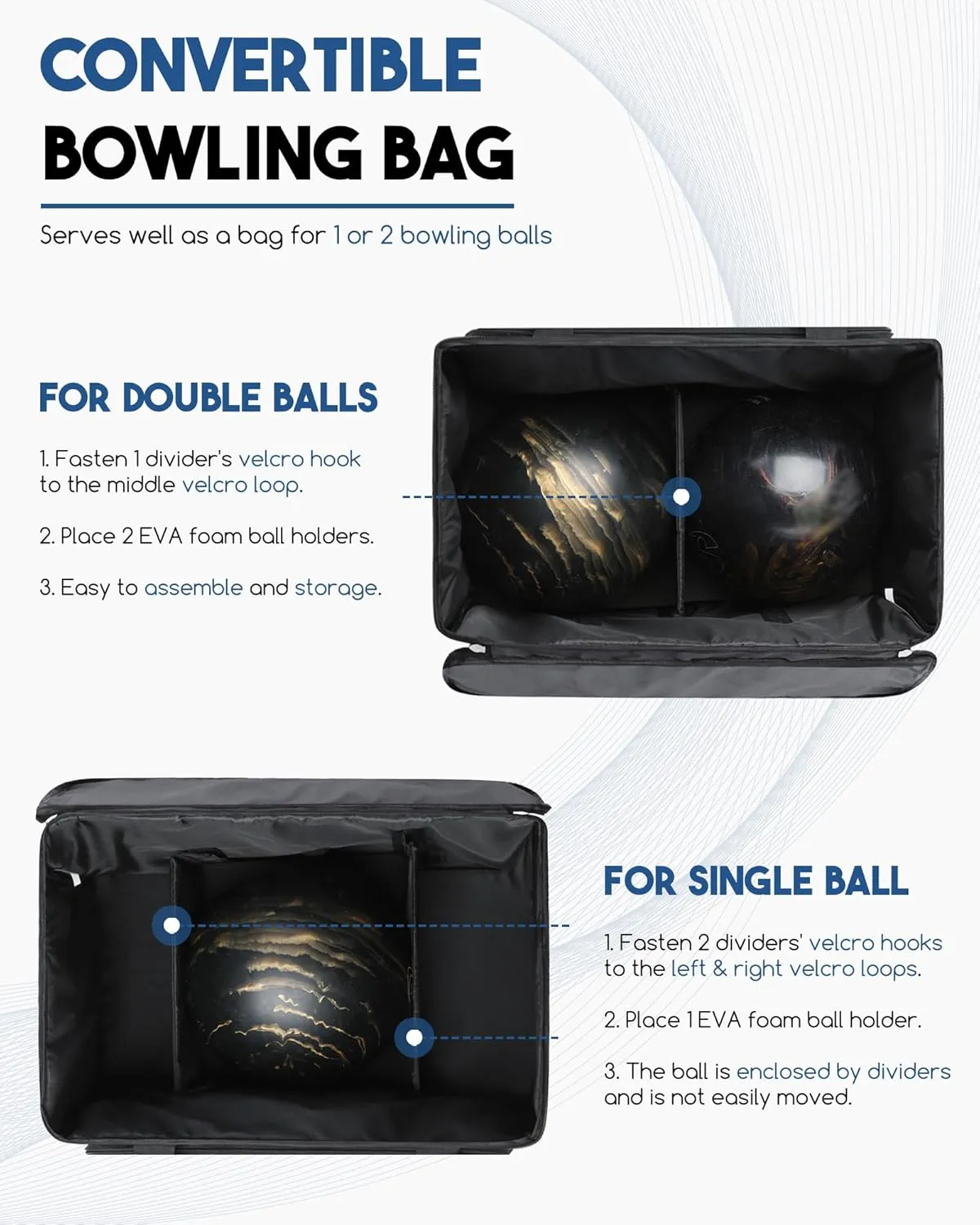 Bowling Ball Bag 2 Ball Bowling Bag with Wheels Convertible Single or Double Ball Bag Detachable Bowling Roller Bag with EVA Foam Ball Holder and Separate Shoe Bag Bowling Accessories for Men Women
