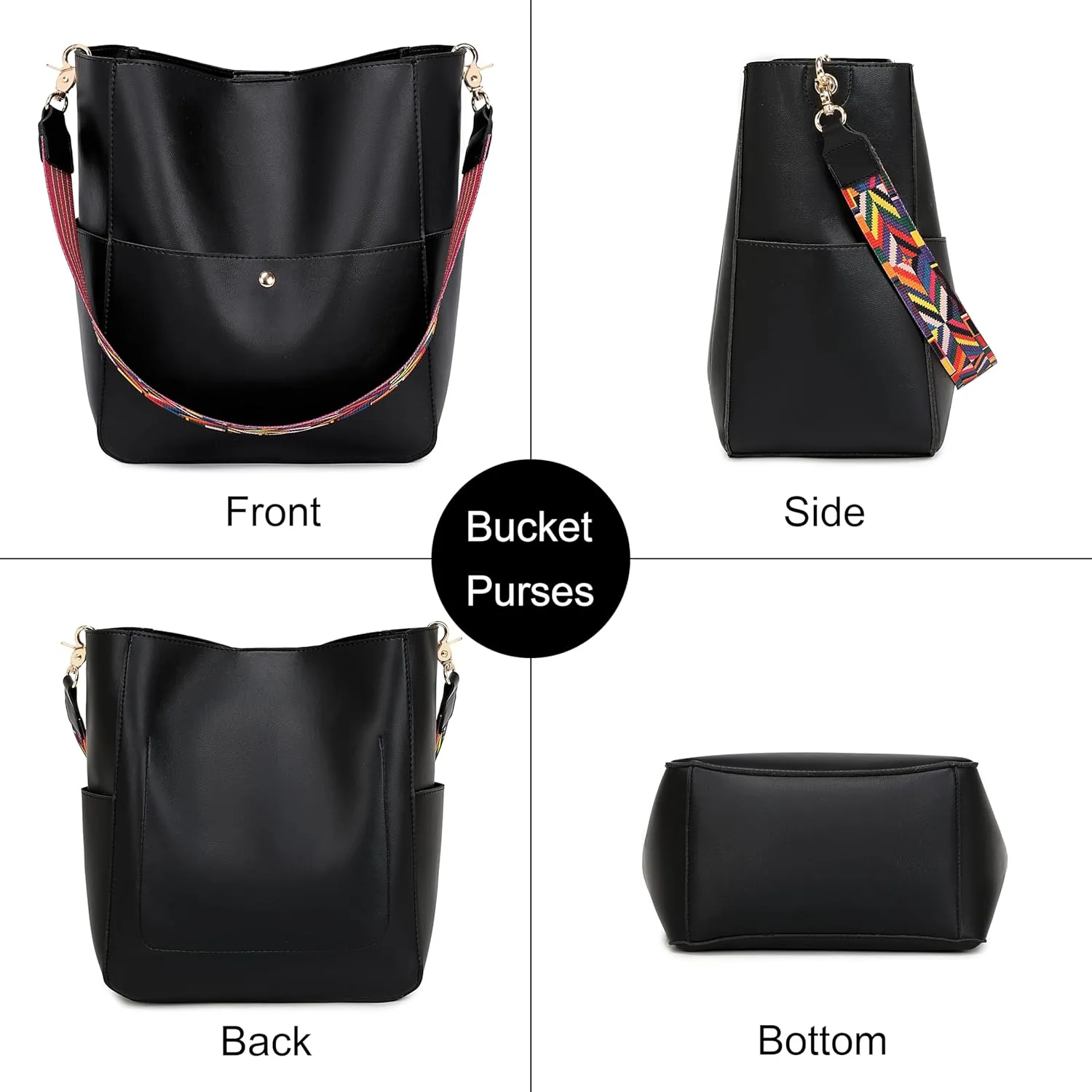 Bucket Purses for Women Designer PU Leather Bucket Bags With 2 Adjustable Guitar Strap Hobo Bags for Women