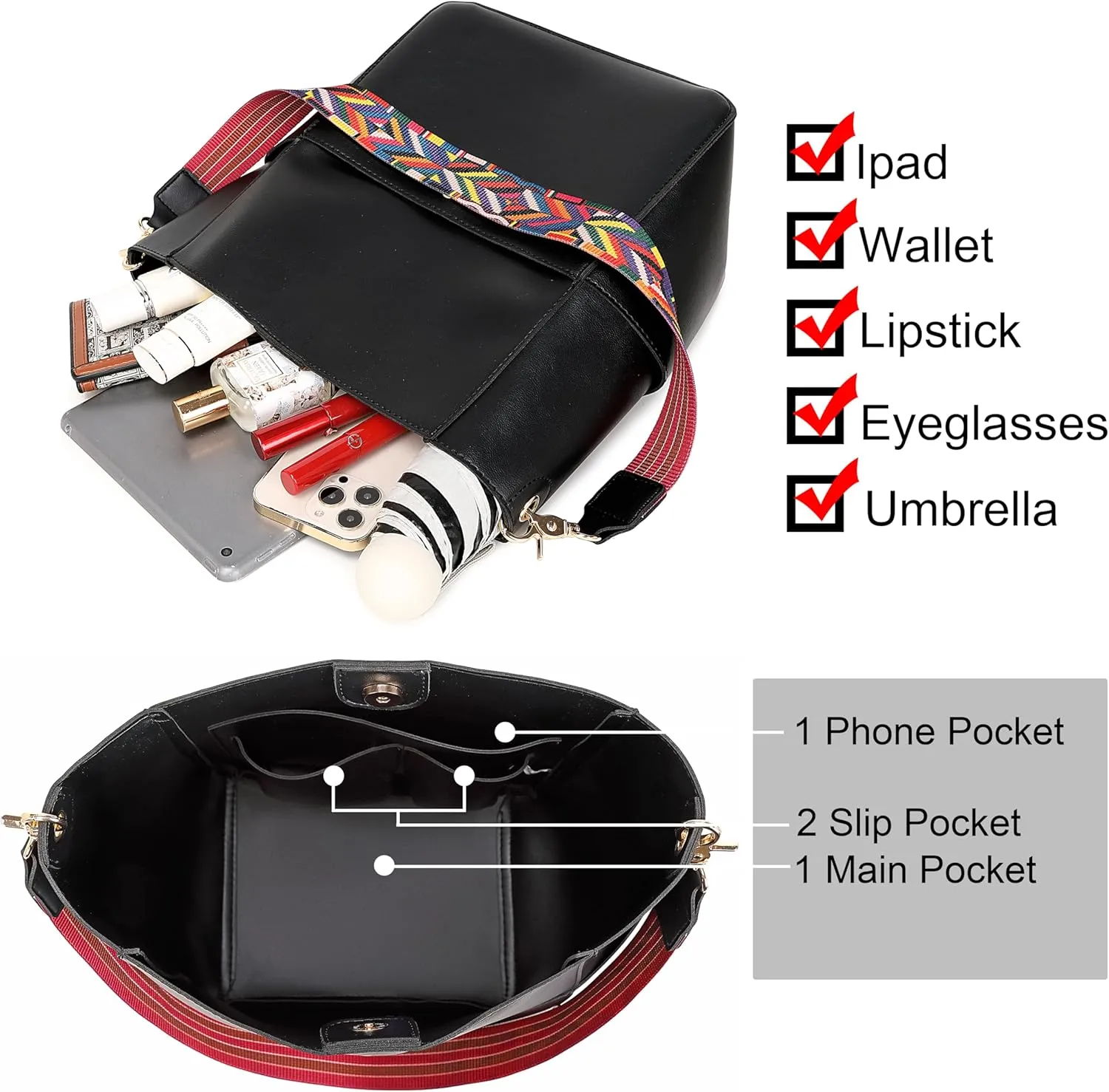 Bucket Purses for Women Designer PU Leather Bucket Bags With 2 Adjustable Guitar Strap Hobo Bags for Women
