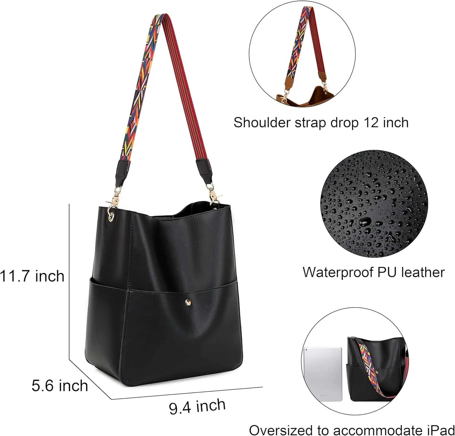 Bucket Purses for Women Designer PU Leather Bucket Bags With 2 Adjustable Guitar Strap Hobo Bags for Women