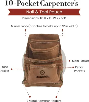 Buyohlic Heavy-Duty Suede Carpenter's Tool & Nail Bag  10-Pocket Construction Pouch, Dark Tan