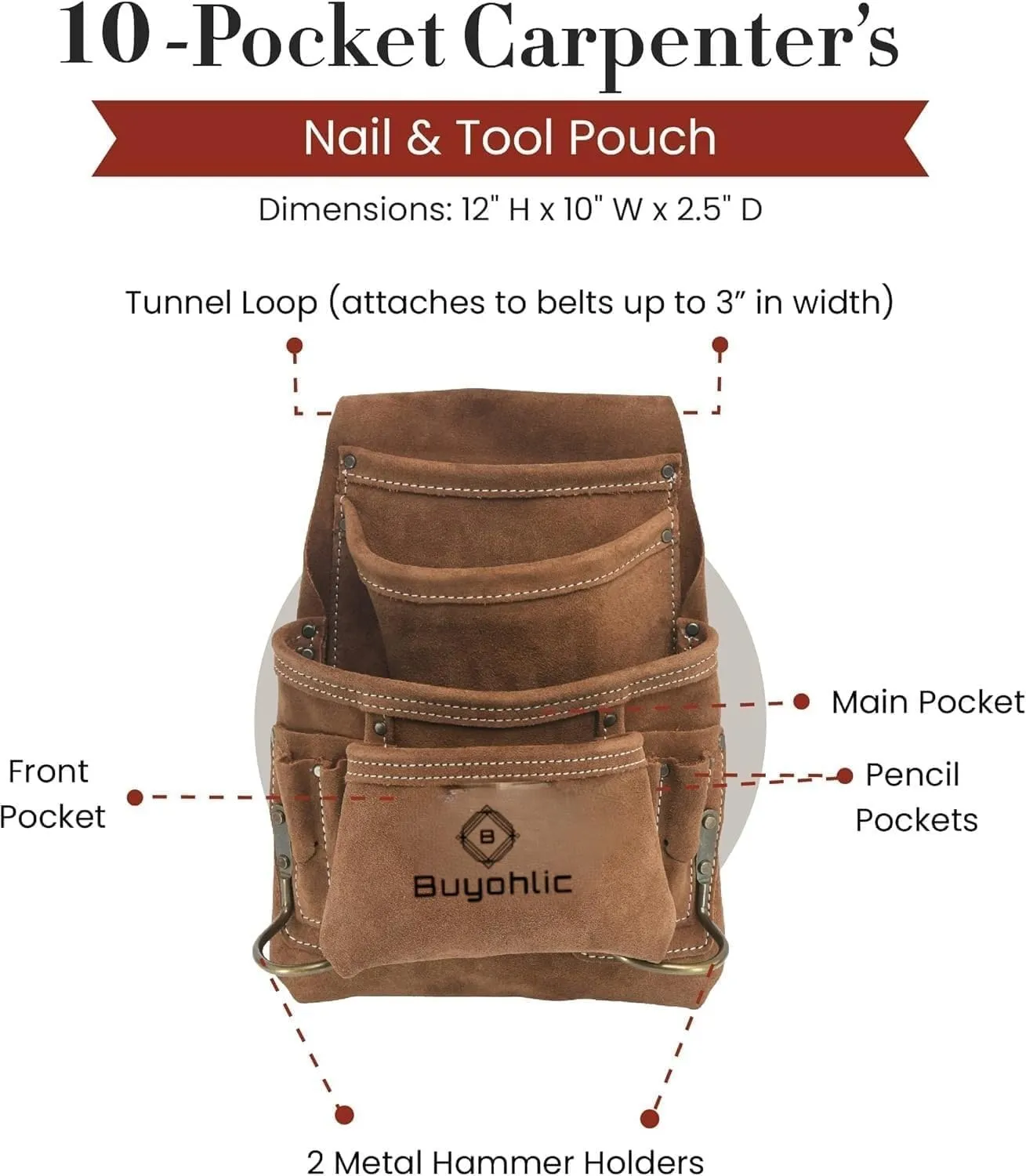 Buyohlic Heavy-Duty Suede Carpenter's Tool & Nail Bag  10-Pocket Construction Pouch, Dark Tan
