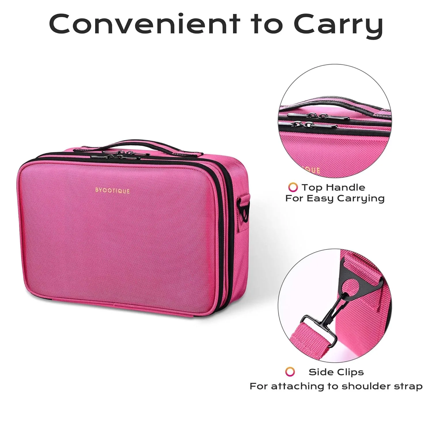 BYOOTIQUE Travel Makeup Bag Makeup Train Cases 13" Professional Lipstick Cosmetic Organizer Bag Storage Backpack with Shoulder Strap Adjustable Dividers for Makeup Brushes Accessories, Hot Pink