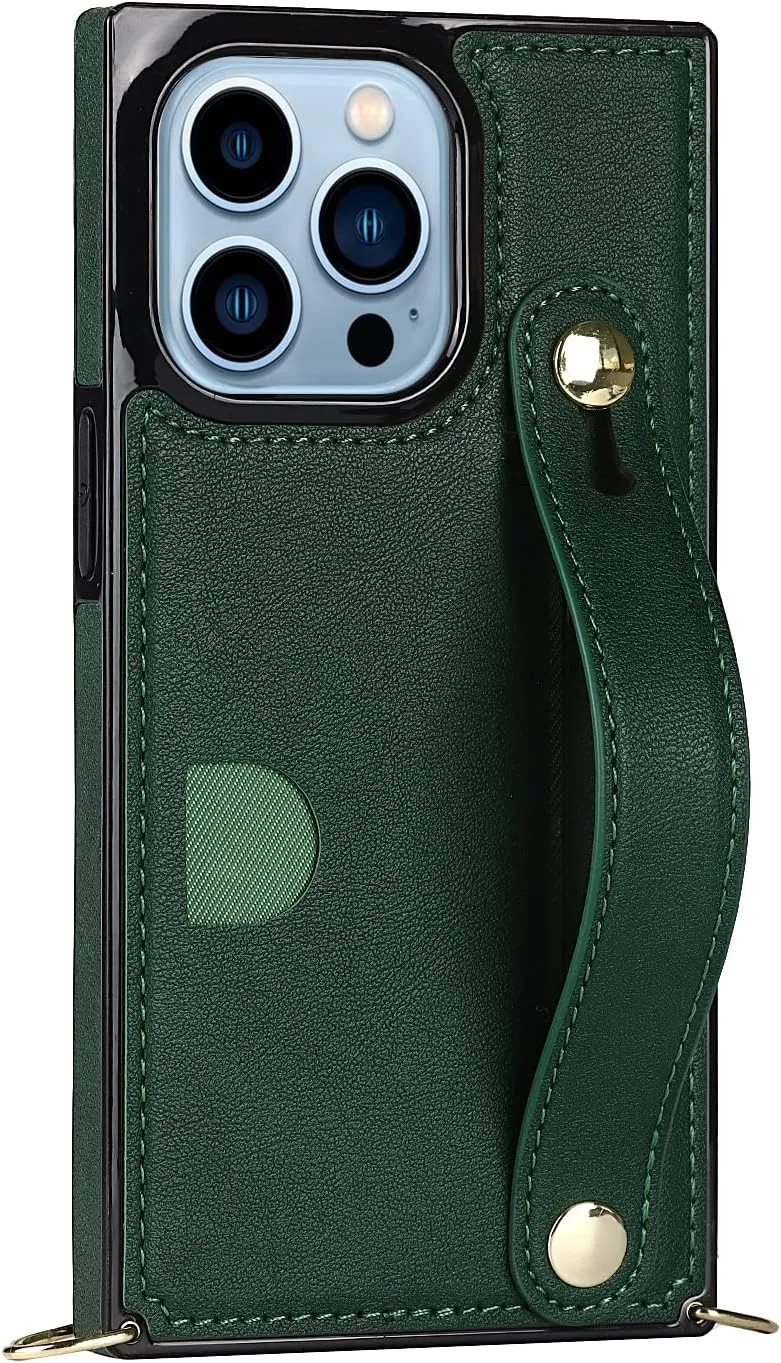 CCSmall for iPhone 13 Mini Wallet Case for Women,Removable Adjustable Strap Crossbody Card Holders Cover Neck Strap Lanyard Purse Shoulder Strap Kickstand Purse Case for iPhone 13 Mini KB Green