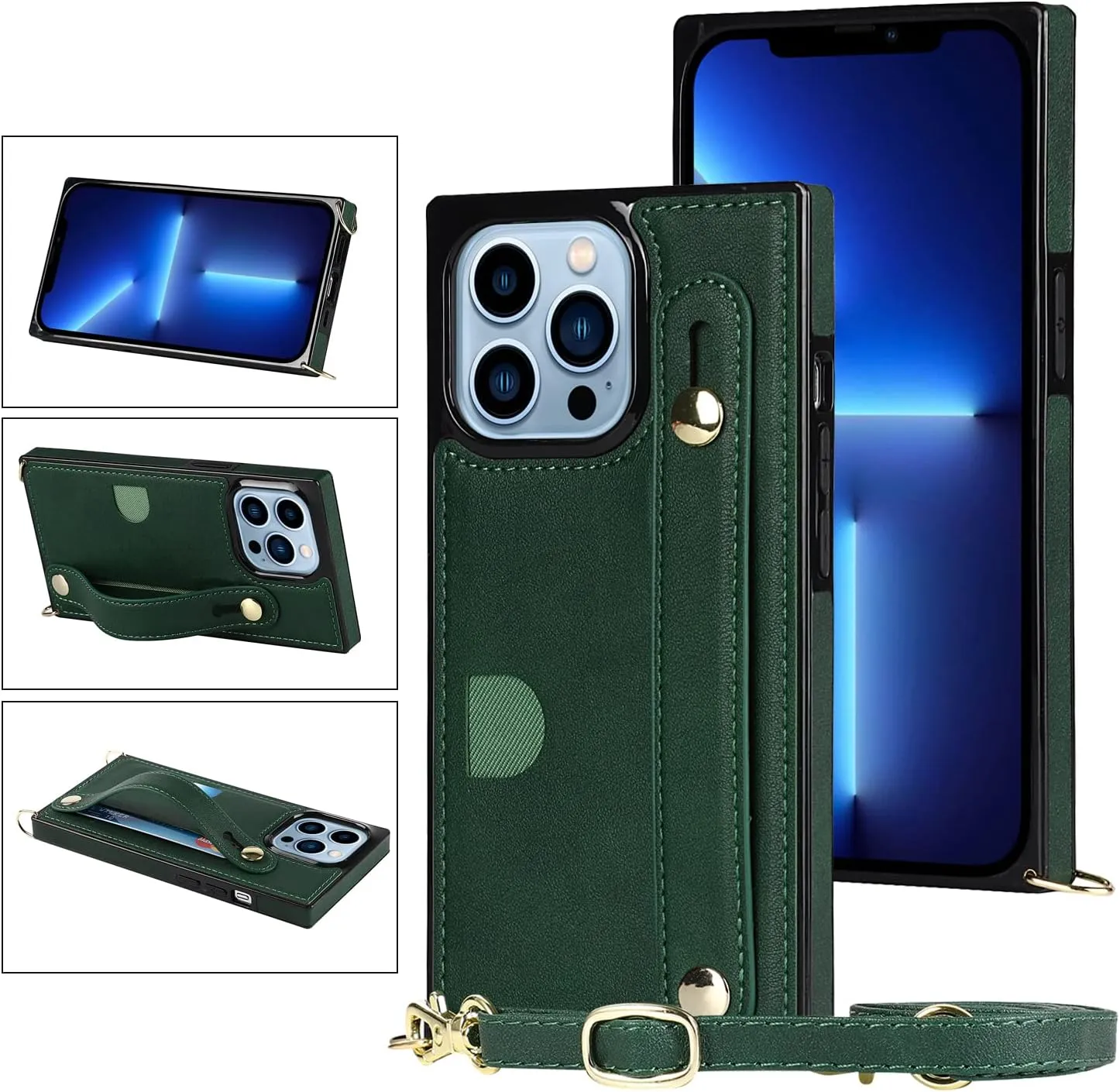CCSmall for iPhone 13 Mini Wallet Case for Women,Removable Adjustable Strap Crossbody Card Holders Cover Neck Strap Lanyard Purse Shoulder Strap Kickstand Purse Case for iPhone 13 Mini KB Green