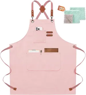 Chef Apron for Women Men with Large Pockets, Cotton Canvas Cross Back Waterproof Work Aprons for Kitchen Cooking Bib (Lightpink)
