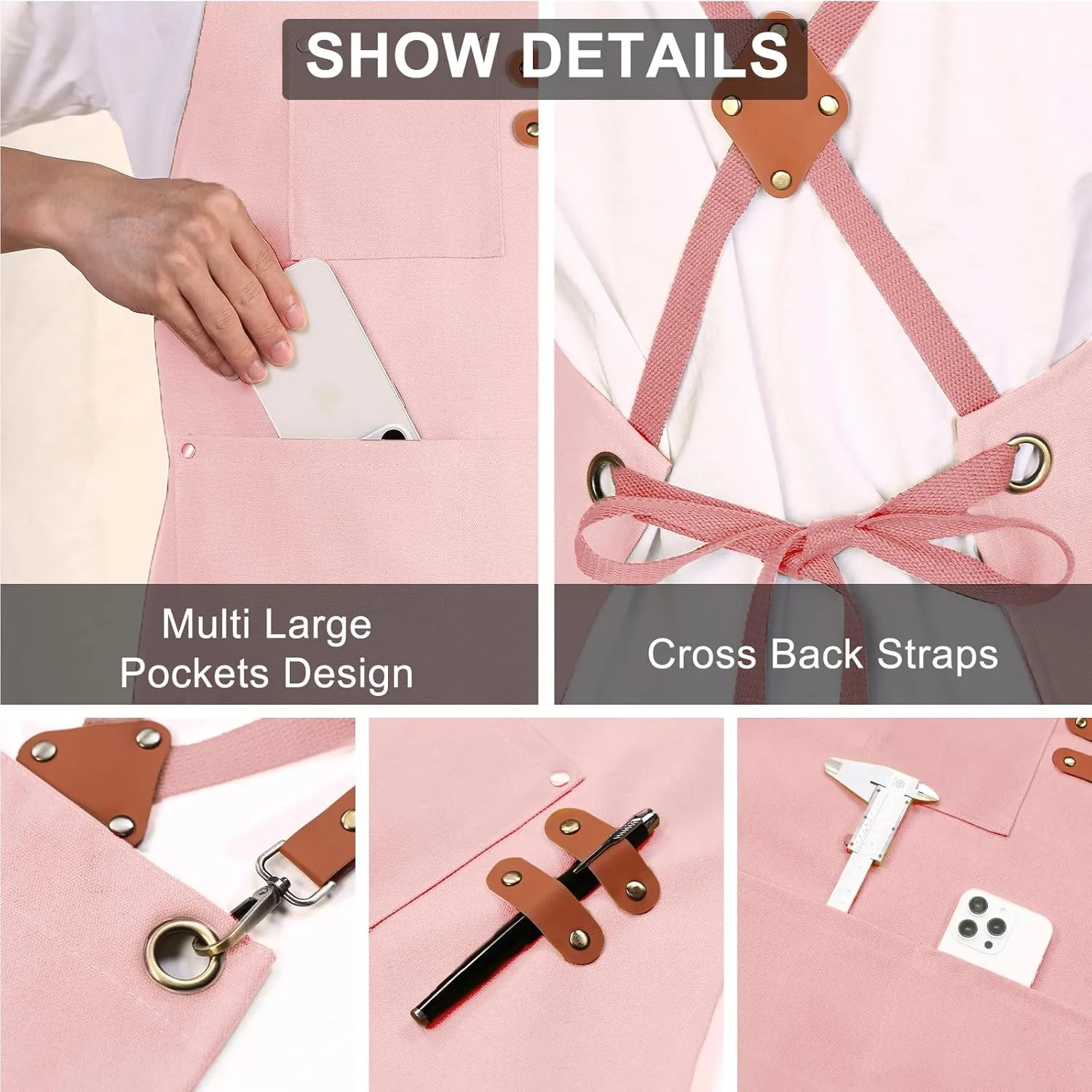 Chef Apron for Women Men with Large Pockets, Cotton Canvas Cross Back Waterproof Work Aprons for Kitchen Cooking Bib (Lightpink)