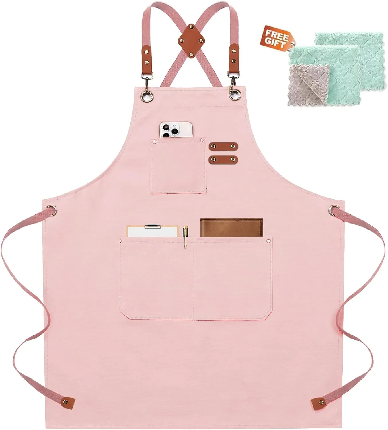 Chef Apron for Women Men with Large Pockets, Cotton Canvas Cross Back Waterproof Work Aprons for Kitchen Cooking Bib (Lightpink)