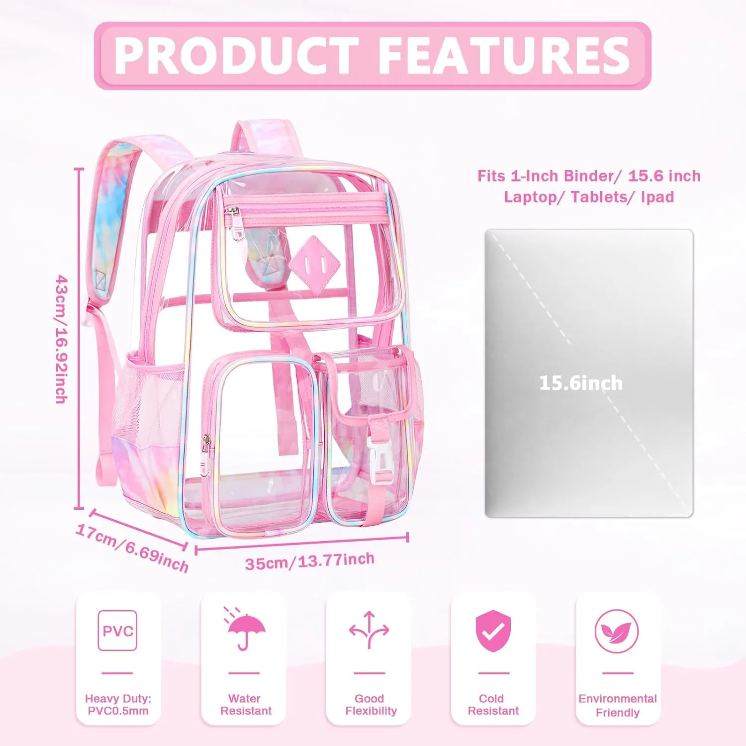 Clear Backpack for School,Heavy Duty PVC Transparent Bookbag for Girls Stadium Approved See Through Backpack