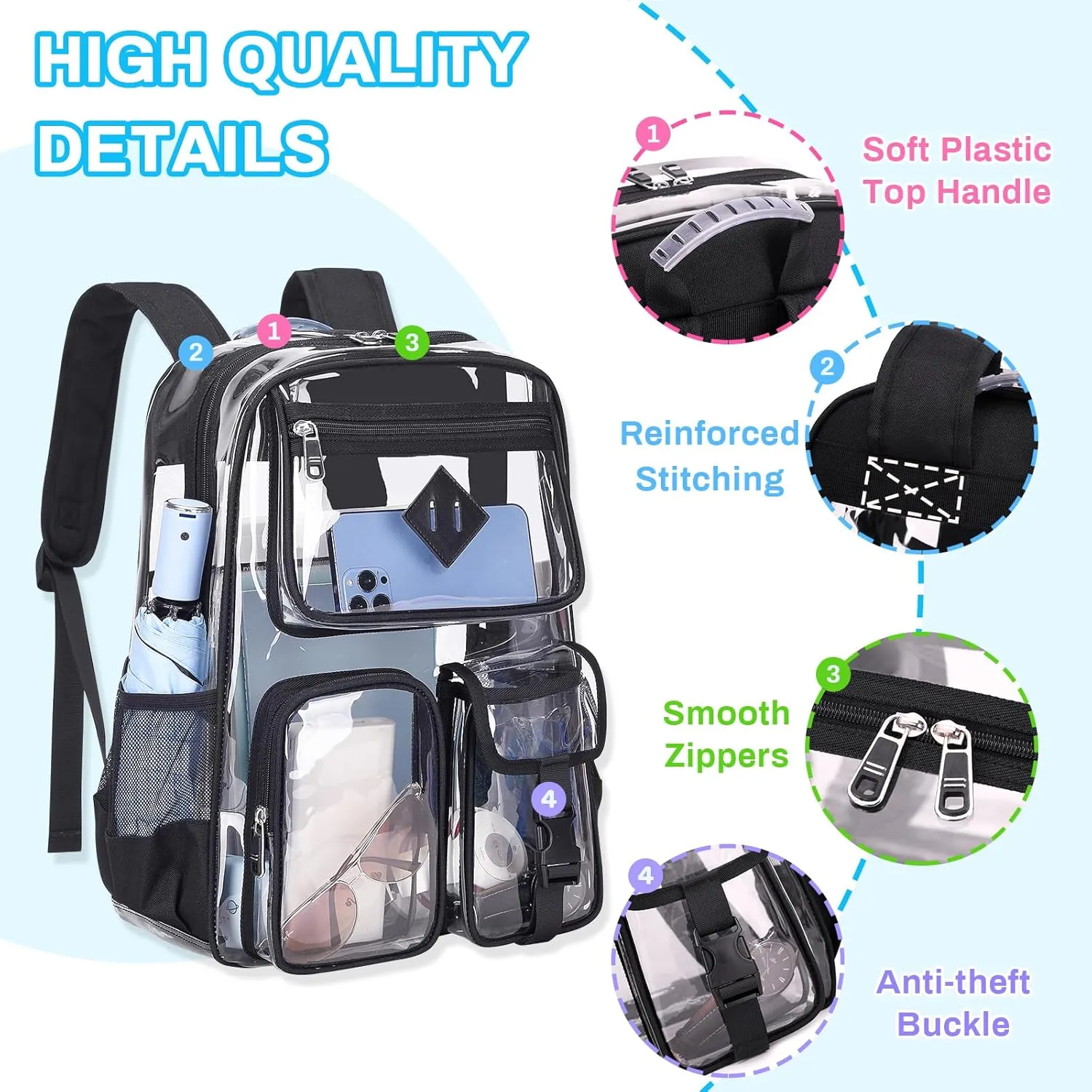 Clear Backpack for School,Heavy Duty PVC Transparent Bookbag for Girls Stadium Approved See Through Backpack