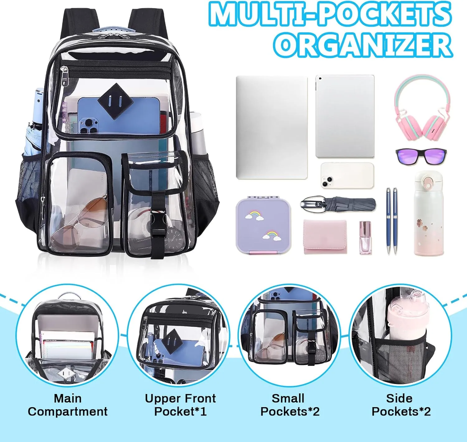 Clear Backpack for School,Heavy Duty PVC Transparent Bookbag for Girls Stadium Approved See Through Backpack