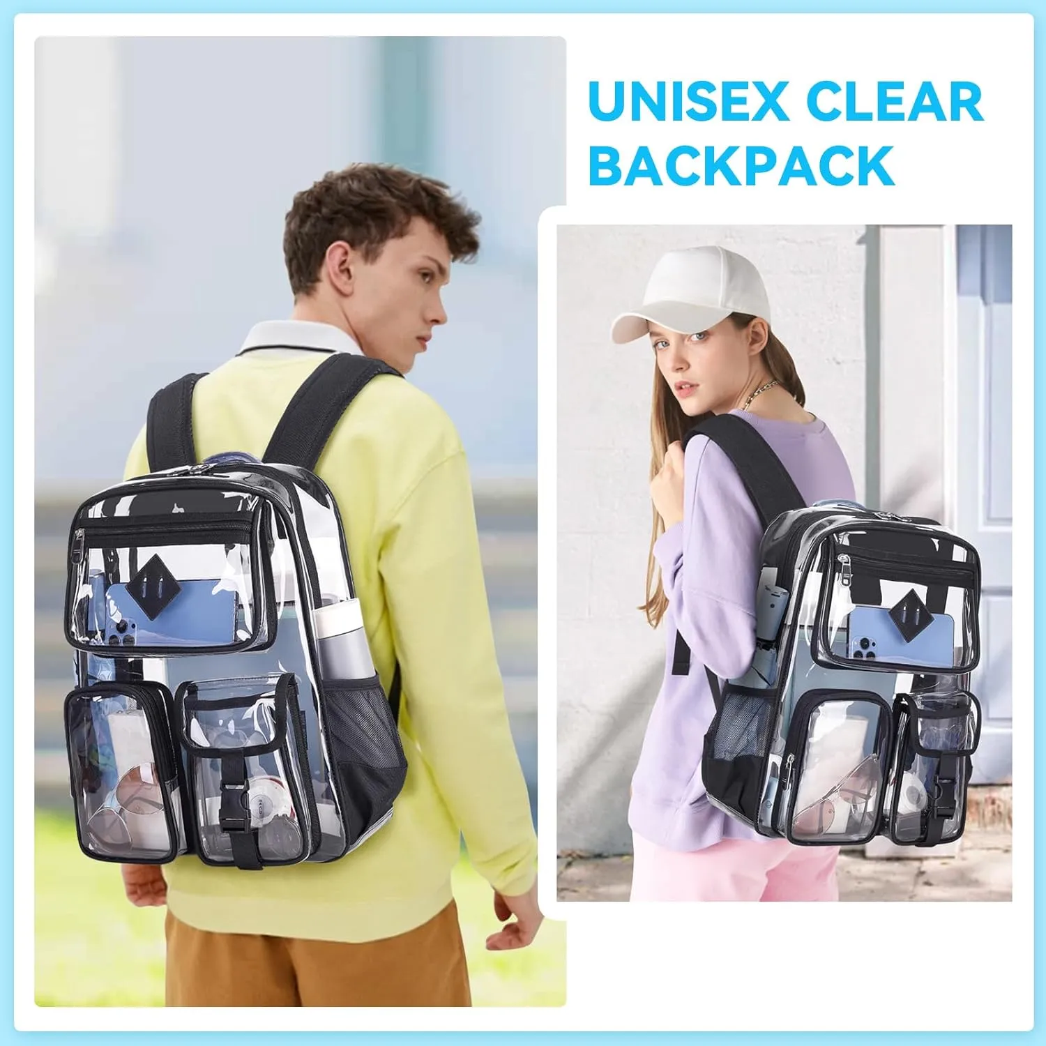 Clear Backpack for School,Heavy Duty PVC Transparent Bookbag for Girls Stadium Approved See Through Backpack