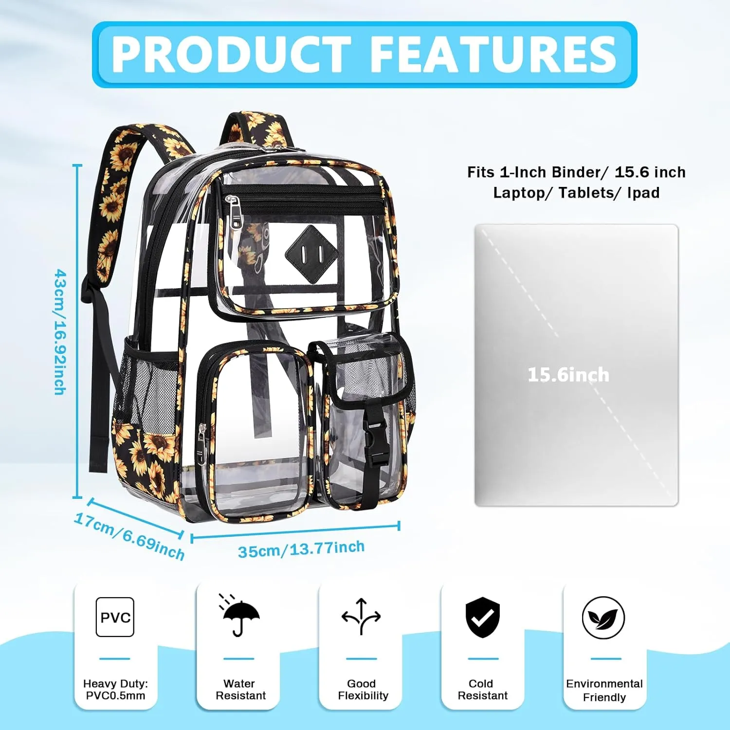 Clear Backpack for School,Heavy Duty PVC Transparent Bookbag for Girls Stadium Approved See Through Backpack