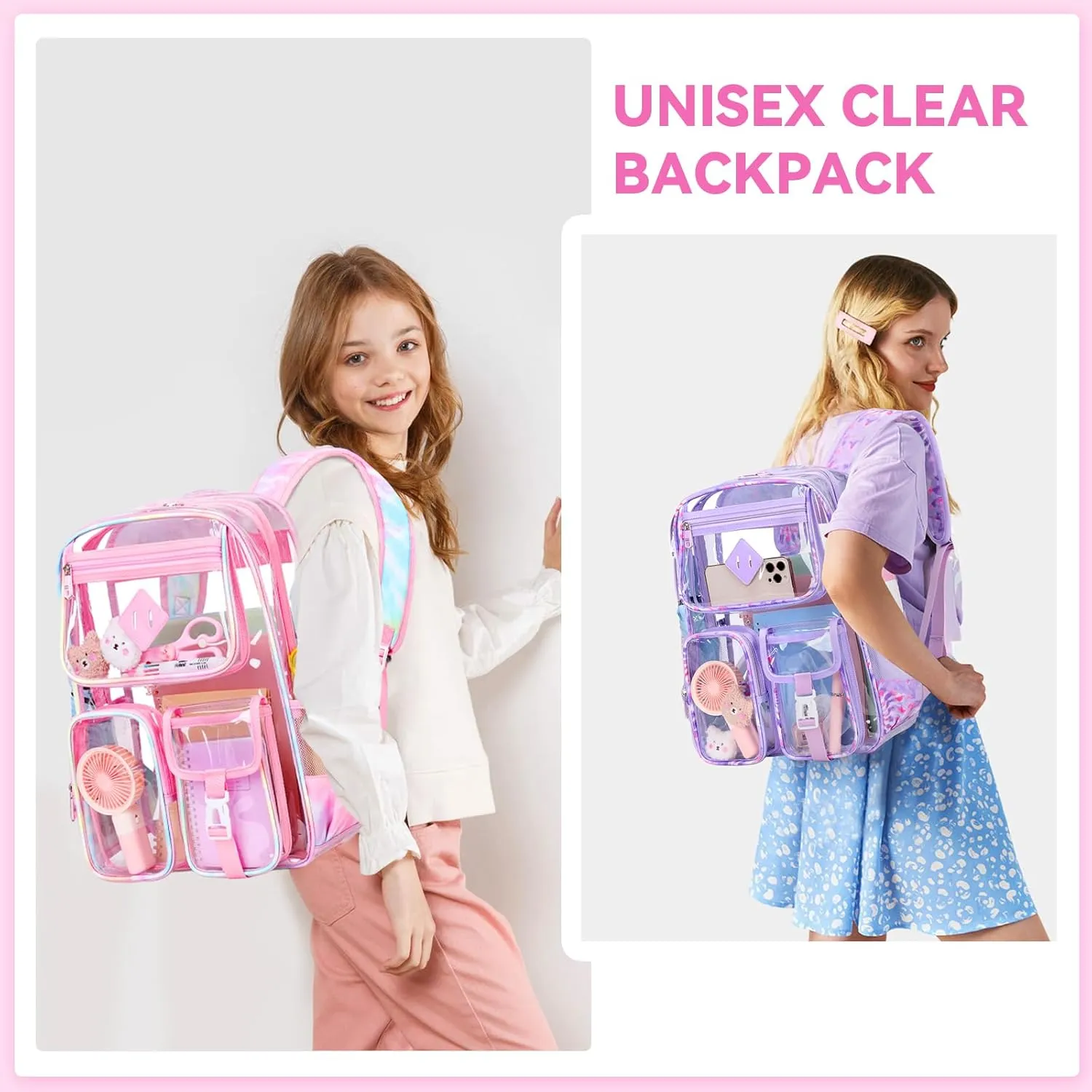Clear Backpack for School,Heavy Duty PVC Transparent Bookbag for Girls Stadium Approved See Through Backpack