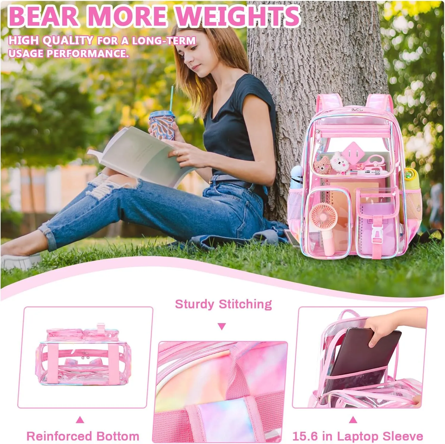 Clear Backpack for School,Heavy Duty PVC Transparent Bookbag for Girls Stadium Approved See Through Backpack
