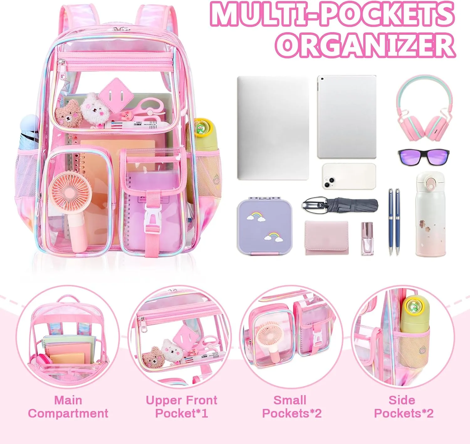Clear Backpack for School,Heavy Duty PVC Transparent Bookbag for Girls Stadium Approved See Through Backpack