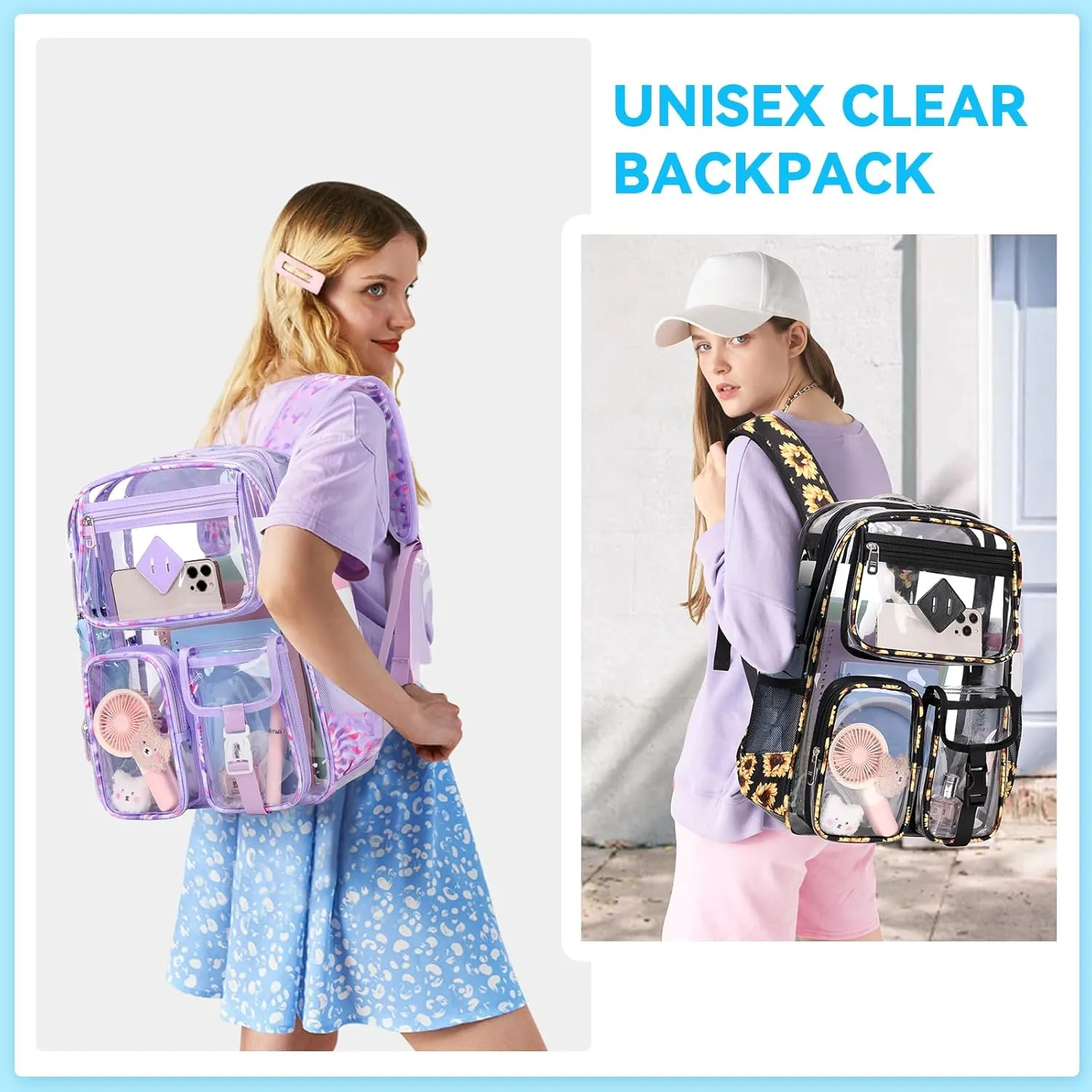 Clear Backpack for School,Heavy Duty PVC Transparent Bookbag for Girls Stadium Approved See Through Backpack