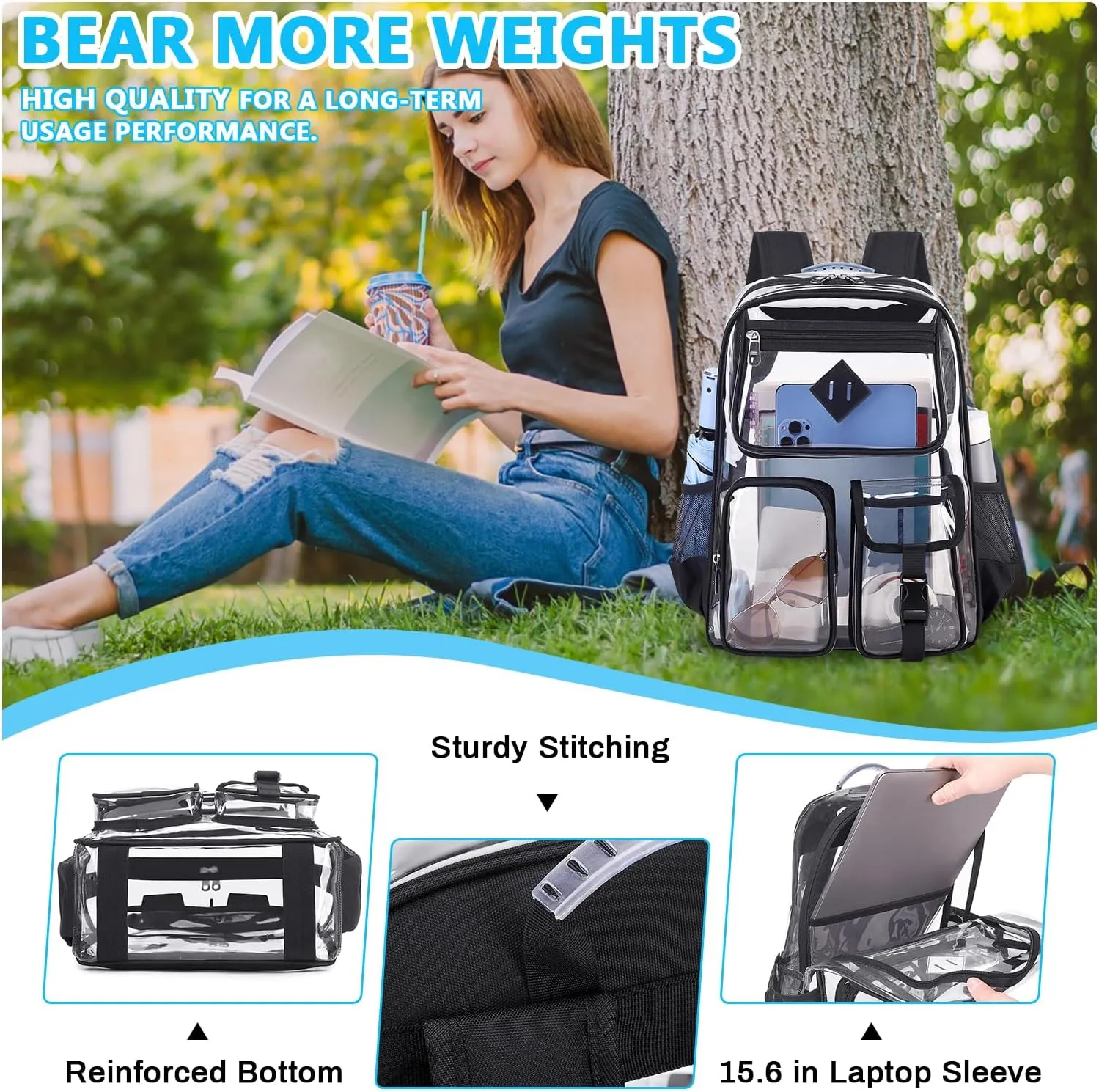 Clear Backpack for School,Heavy Duty PVC Transparent Bookbag for Girls Stadium Approved See Through Backpack