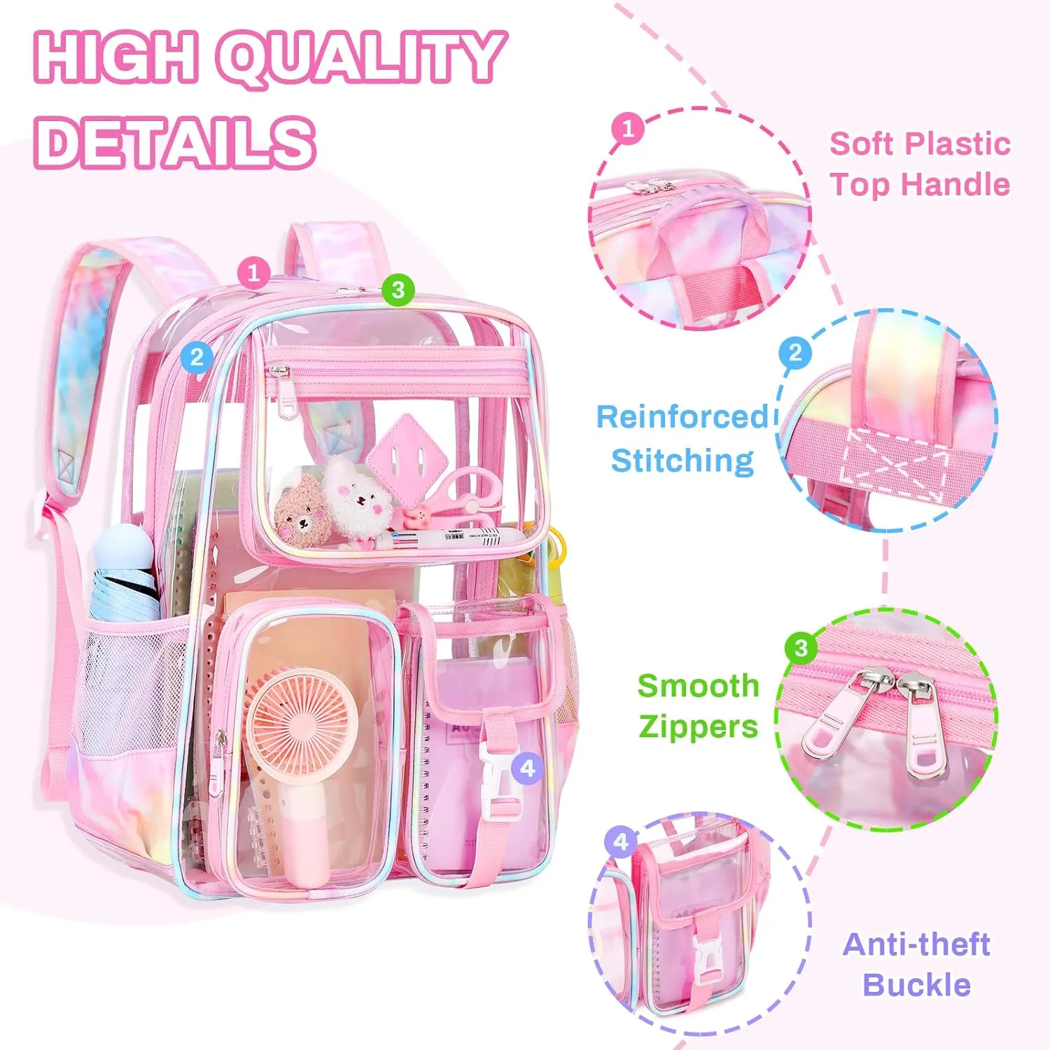 Clear Backpack for School,Heavy Duty PVC Transparent Bookbag for Girls Stadium Approved See Through Backpack