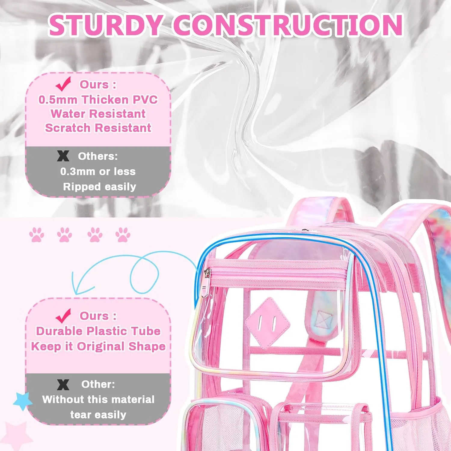 Clear Backpack for School,Heavy Duty PVC Transparent Bookbag for Girls Stadium Approved See Through Backpack