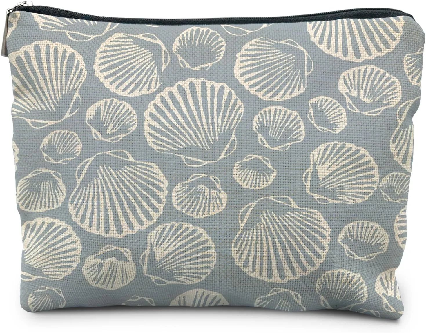 Coastal Beach Makeup Bag - Aesthetic Sea Shell Cosmetic Pouch for Women, Beach Gifts, Vacation Gifts, Light Blue Beachy White Pouch