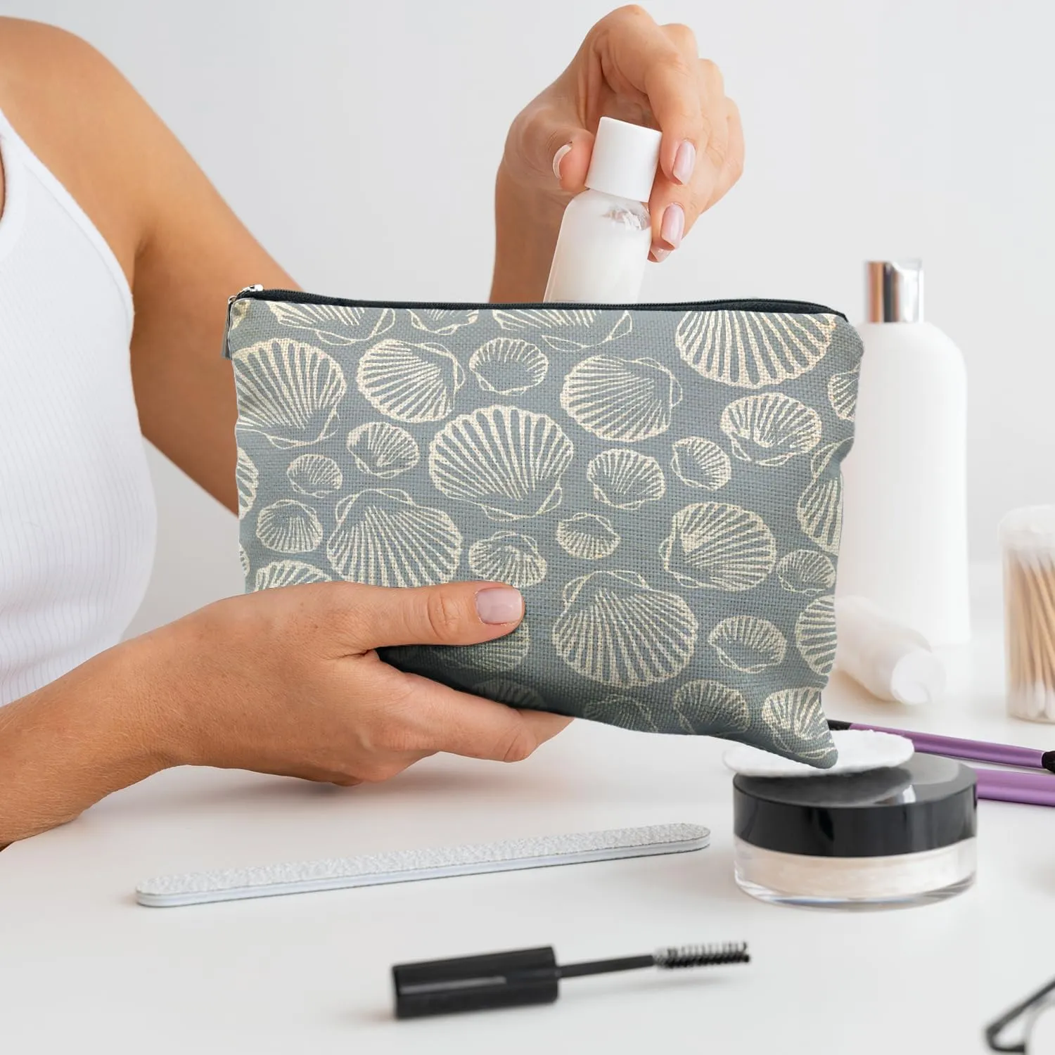 Coastal Beach Makeup Bag - Aesthetic Sea Shell Cosmetic Pouch for Women, Beach Gifts, Vacation Gifts, Light Blue Beachy White Pouch