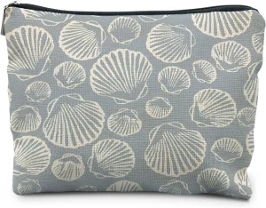 Coastal Beach Makeup Bag - Aesthetic Sea Shell Cosmetic Pouch for Women, Beach Gifts, Vacation Gifts, Light Blue Beachy White Pouch
