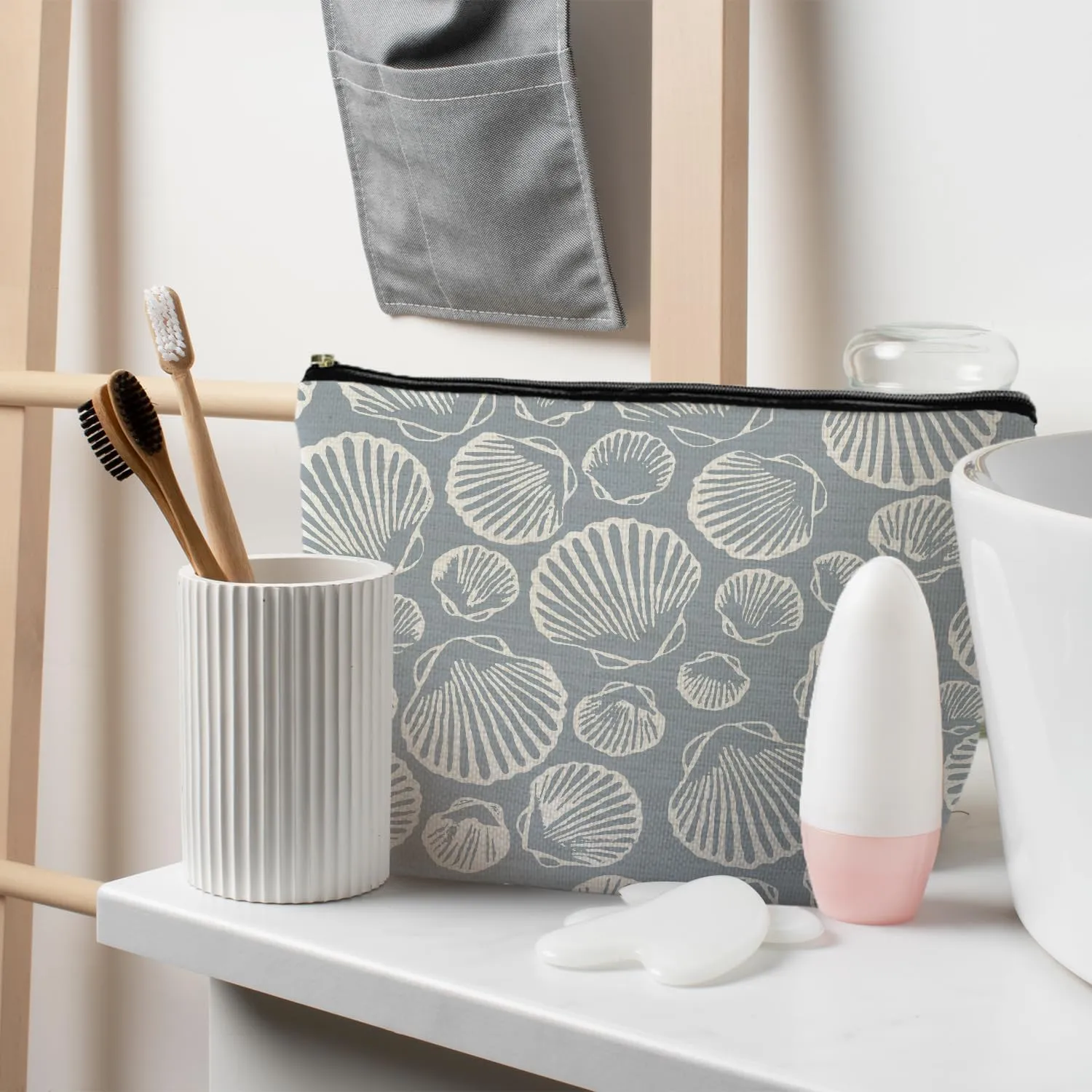 Coastal Beach Makeup Bag - Aesthetic Sea Shell Cosmetic Pouch for Women, Beach Gifts, Vacation Gifts, Light Blue Beachy White Pouch