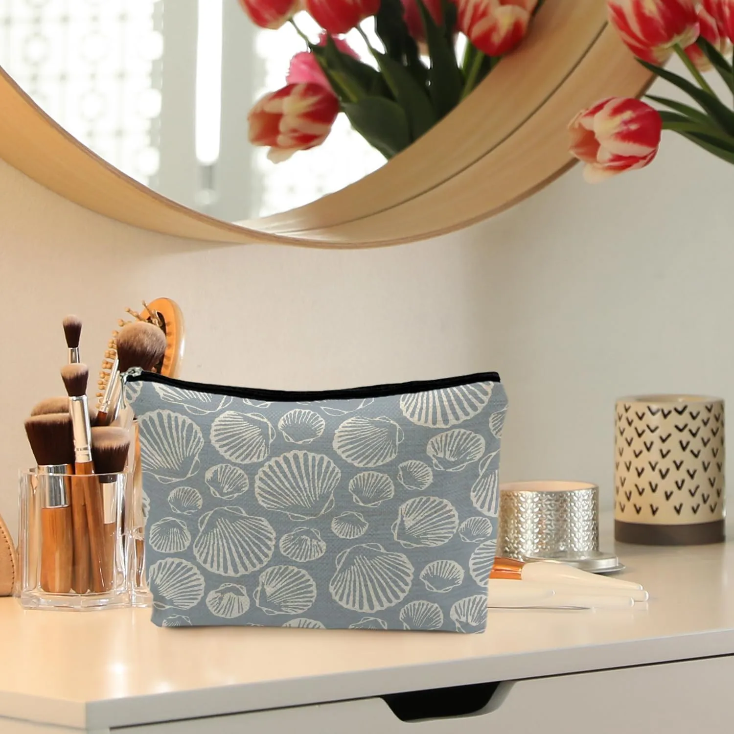 Coastal Beach Makeup Bag - Aesthetic Sea Shell Cosmetic Pouch for Women, Beach Gifts, Vacation Gifts, Light Blue Beachy White Pouch