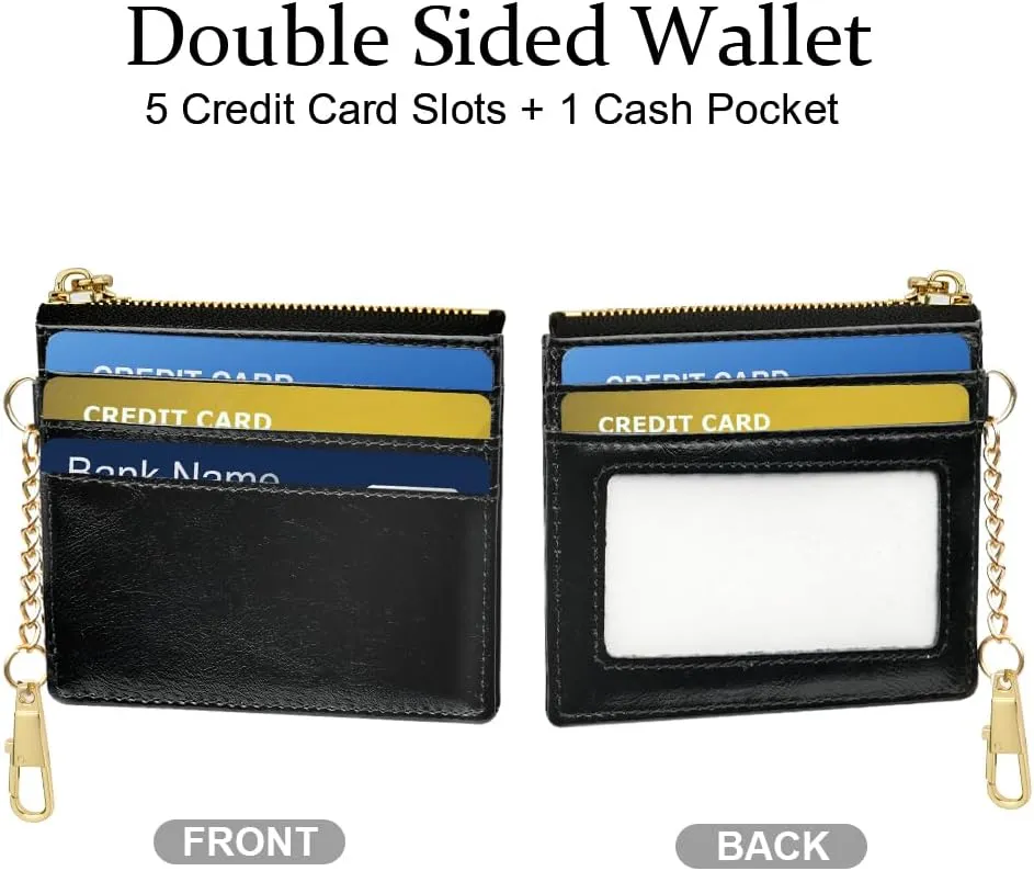 Credit Card Holder Wallet, Minimalist Leather Slim Change Wallet Zipper Coin Purse, Mini Credit Card Protector, Keychain Front Pocket Wallets for Women Men