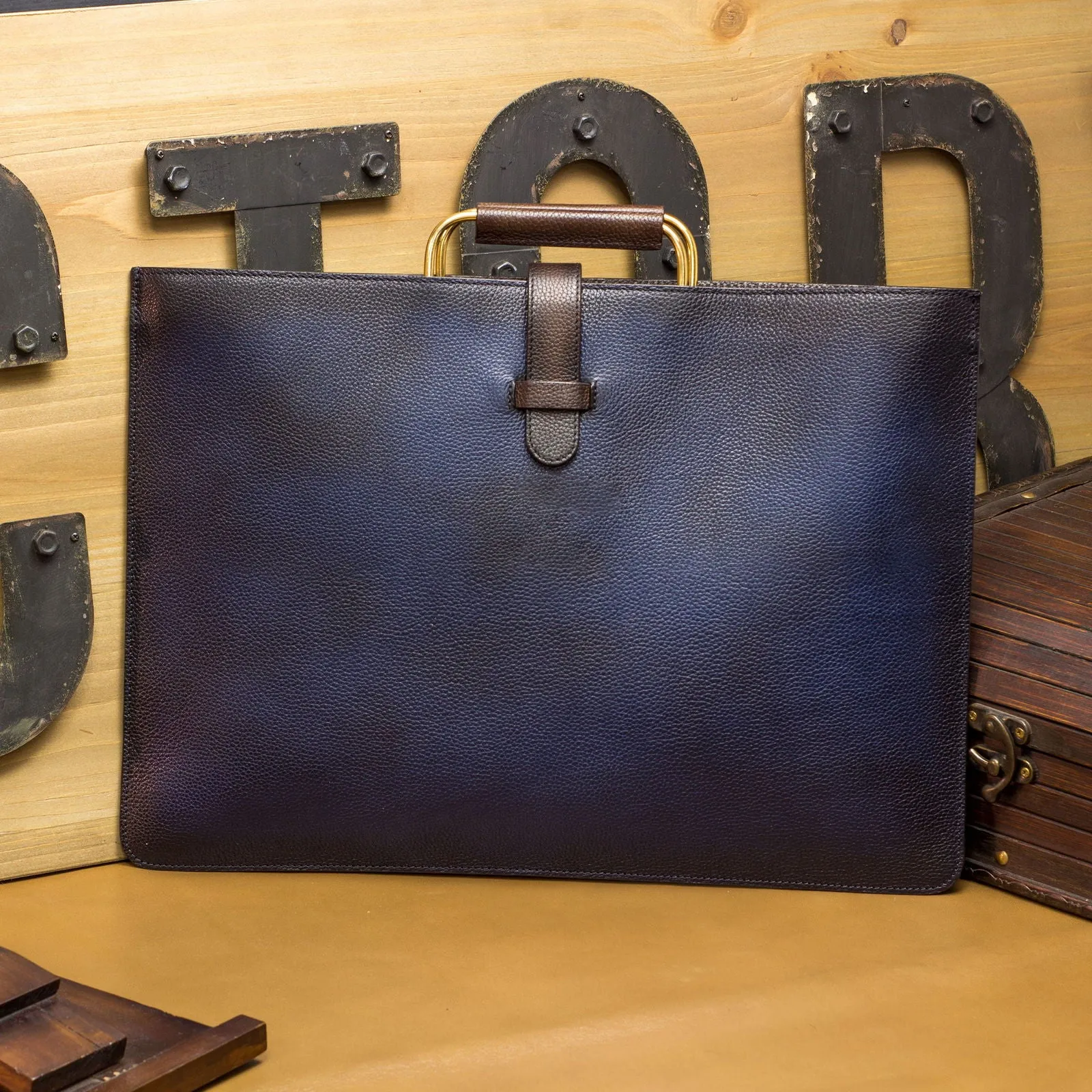 Custom Satchel Bag Leather Dark Brown Blue 3537