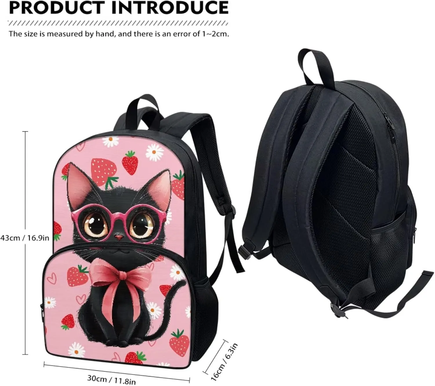 Forchrinse Girls Black Cat School Backpack Elementary Middle Preschool Backpacks Strawberry 17 inch Bookbag Kit and Lunch Box Pencil Case Schoolbags
