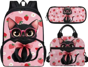 Forchrinse Girls Black Cat School Backpack Elementary Middle Preschool Backpacks Strawberry 17 inch Bookbag Kit and Lunch Box Pencil Case Schoolbags