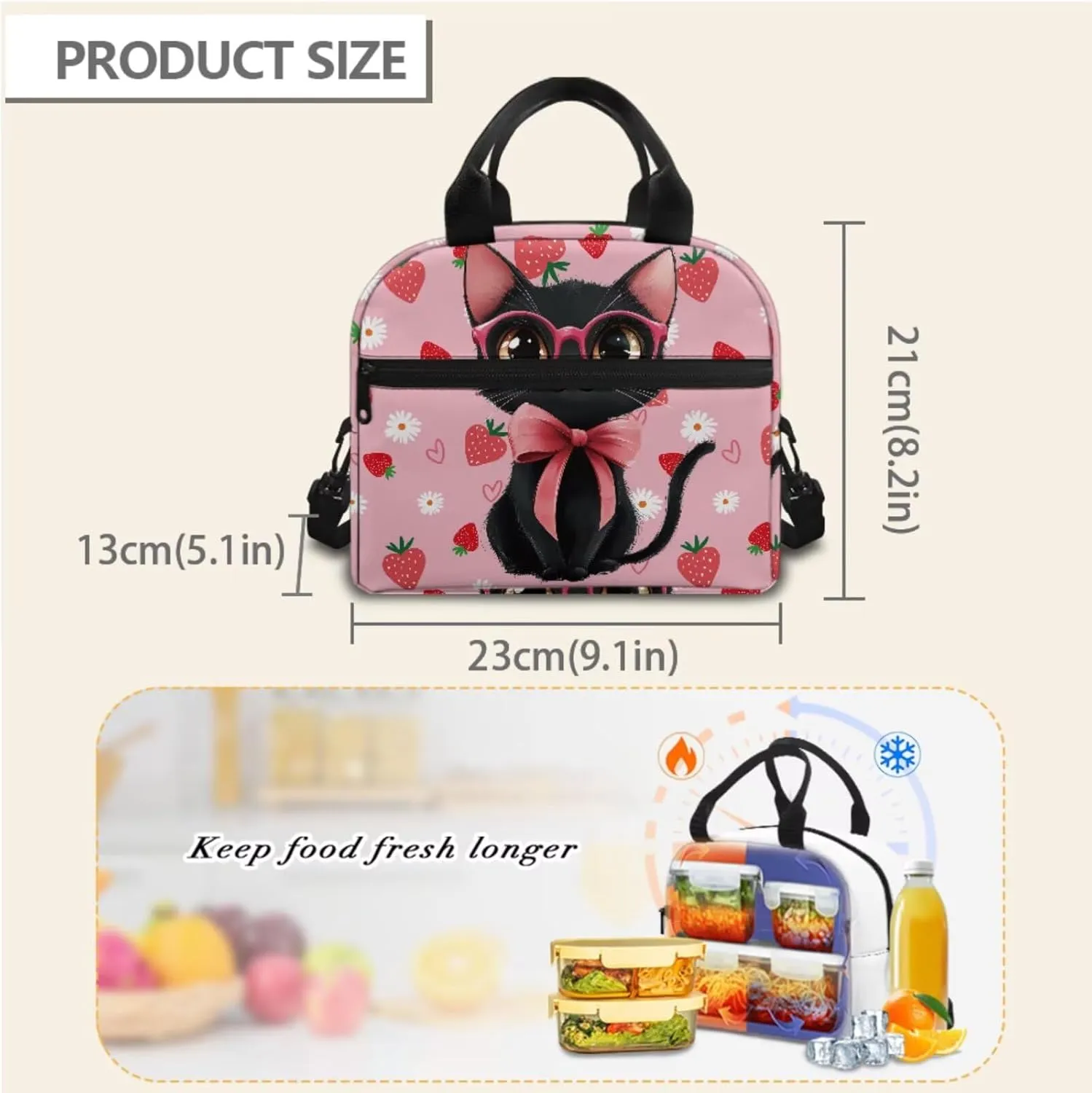 Forchrinse Girls Black Cat School Backpack Elementary Middle Preschool Backpacks Strawberry 17 inch Bookbag Kit and Lunch Box Pencil Case Schoolbags