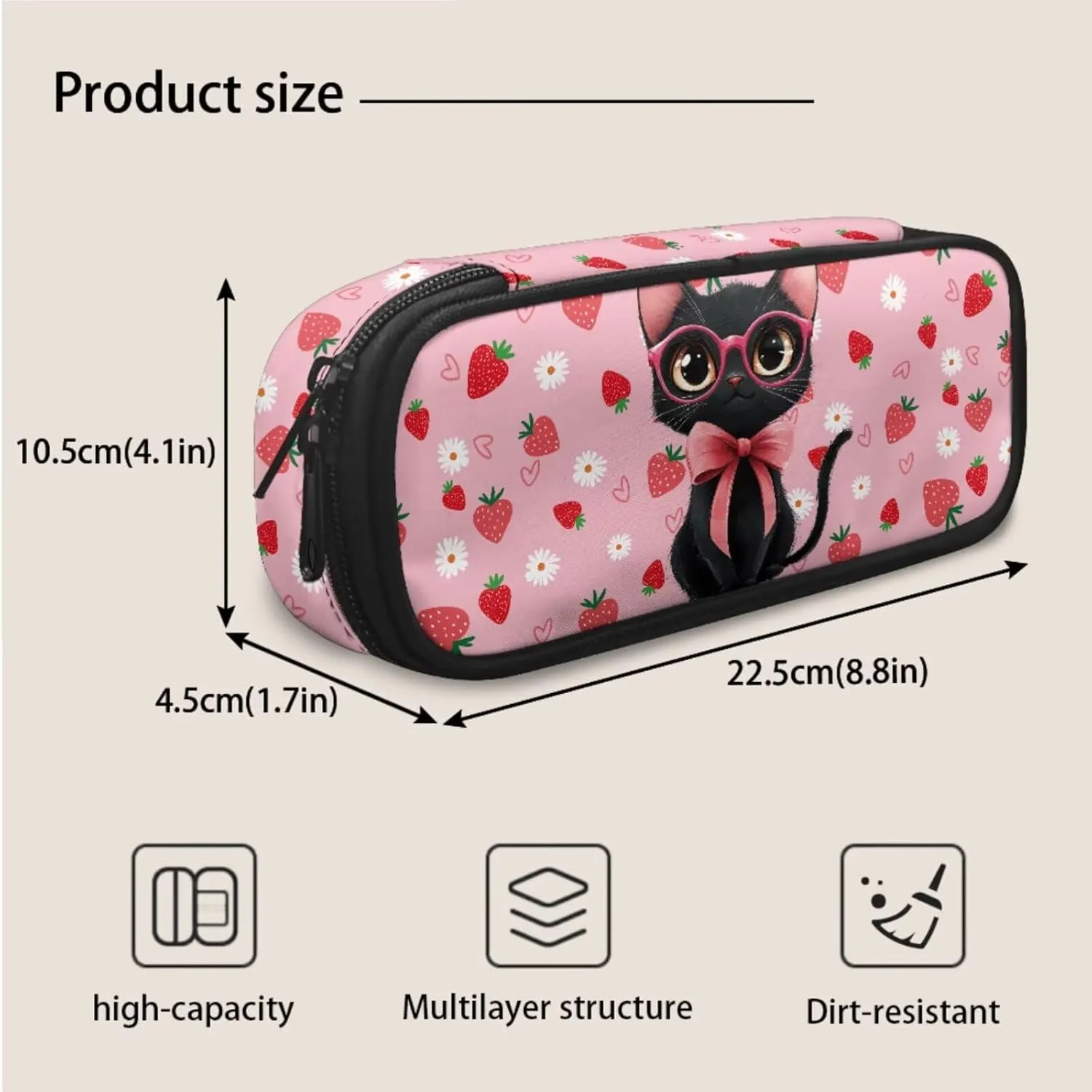 Forchrinse Girls Black Cat School Backpack Elementary Middle Preschool Backpacks Strawberry 17 inch Bookbag Kit and Lunch Box Pencil Case Schoolbags