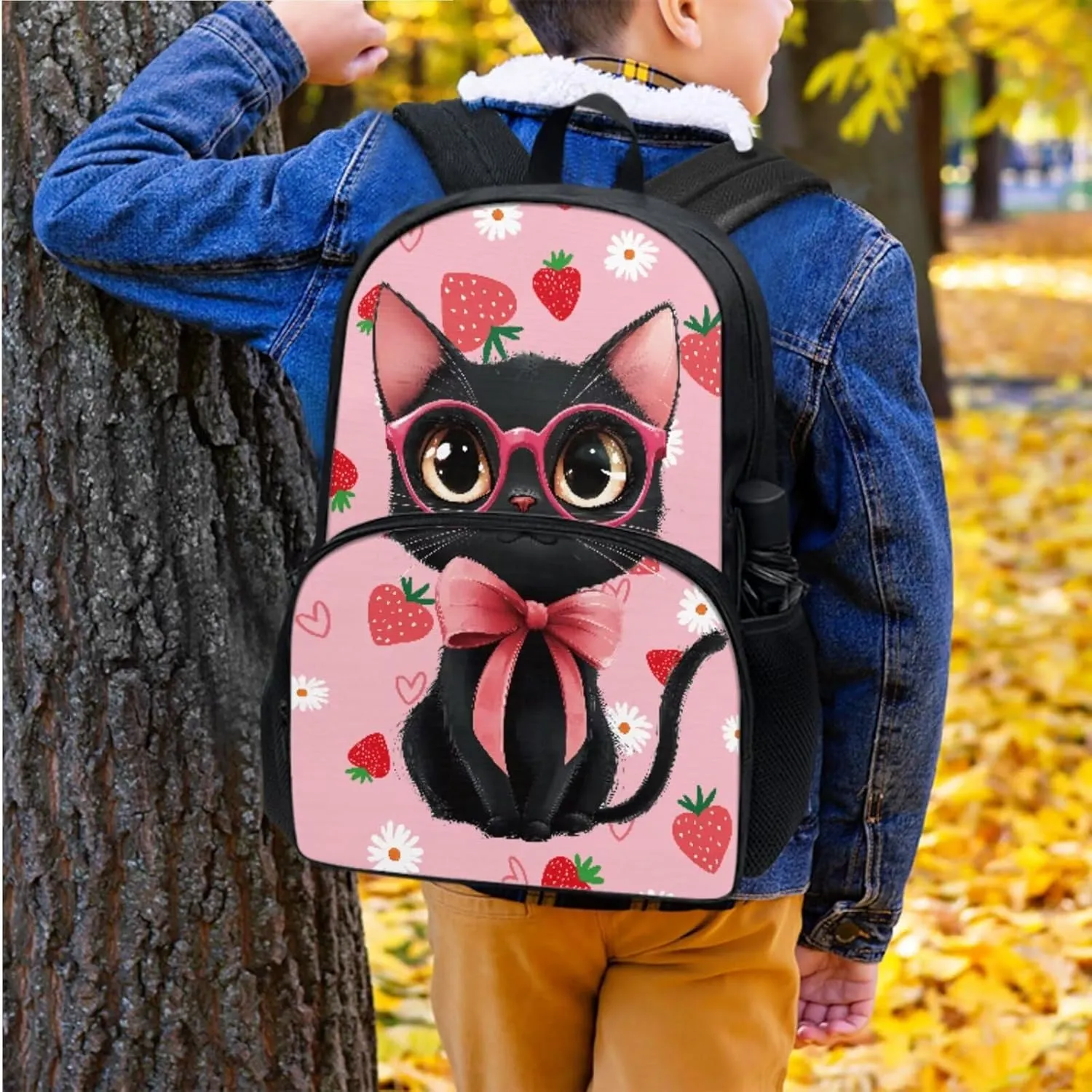 Forchrinse Girls Black Cat School Backpack Elementary Middle Preschool Backpacks Strawberry 17 inch Bookbag Kit and Lunch Box Pencil Case Schoolbags