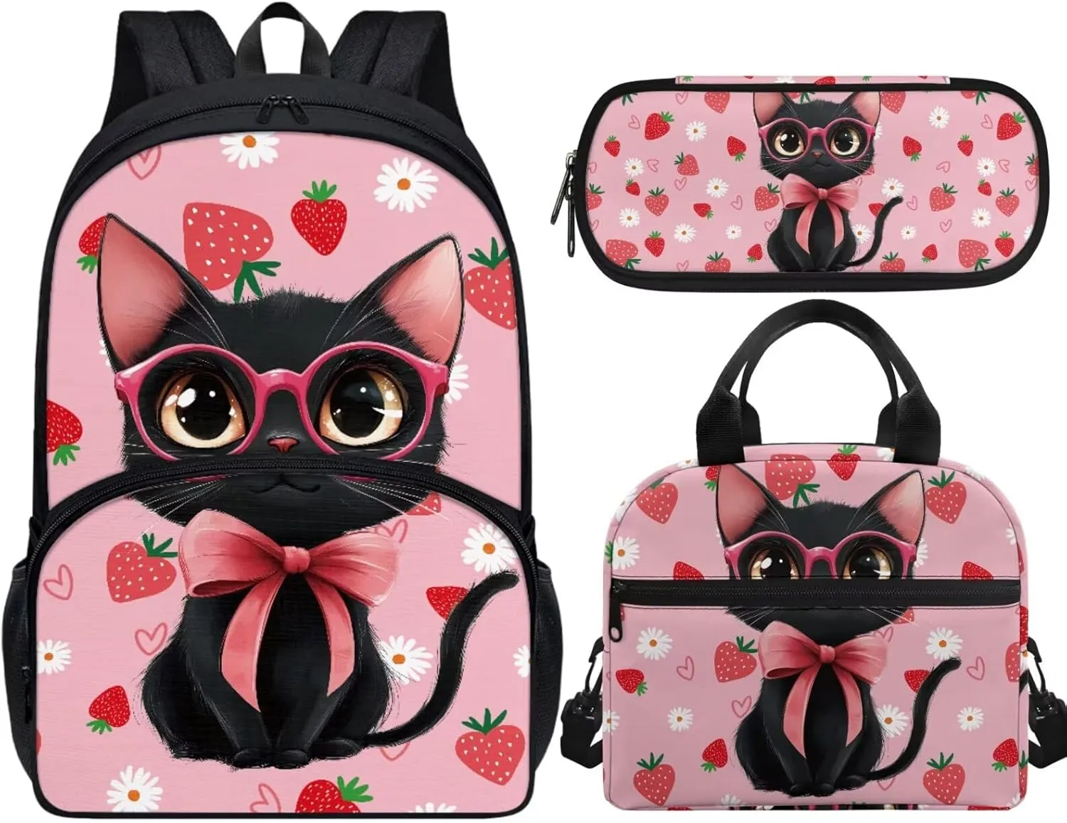 Forchrinse Girls Black Cat School Backpack Elementary Middle Preschool Backpacks Strawberry 17 inch Bookbag Kit and Lunch Box Pencil Case Schoolbags
