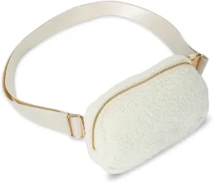 FORZAROCKET Fleece Boutique Belt Bag w/Long Strap 70"  Chic Crossbody Bag w/Extended Strap  Sherpa Women Fanny Pack  Gold Two-Way Zipper  Travel & Plus Size Friendly, Cream White w/Gold Hardware